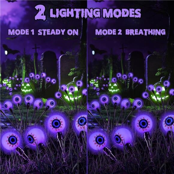 2 Pack 12 LED Solar Eyeball Lights, Halloween Decorations Firefly - Picture 2 of 8